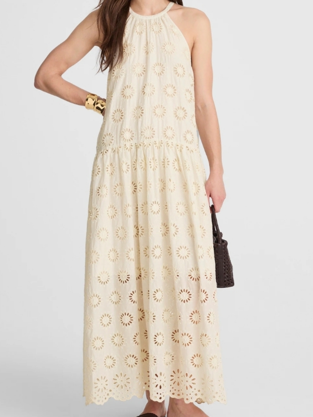 Madewell Embroidered Sleeveless Eyelet Halter Maxi Dress - Cream